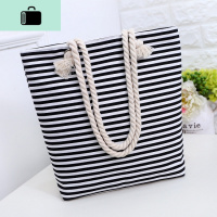 韩国版简约麻绳帆布包单肩手提购物袋大文艺女包学生书标NEW LAKE 黑色横条纹皮标黑色 默认女手包