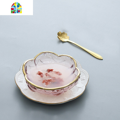 创意日式金边樱花玻璃碗 燕窝碗糖水银耳汤碗盅雪糕沙拉碗甜品碗 FENGHOU 金边粉碗+金长盘送2勺