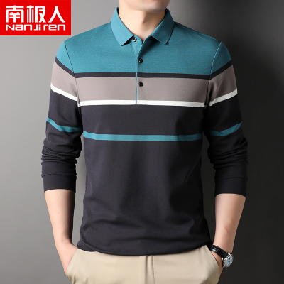 南极人男士长袖t恤polo衫秋季休闲薄款男装上衣宽松翻领体恤条纹