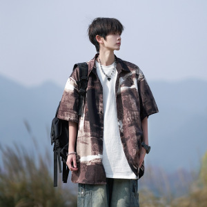 男装国墨画短袖衬衫男夏季新款痞帅宽松休闲翻领衬衣男生外套