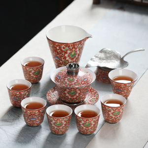 元青整套茶具(MULTIPOTENT)陶瓷功夫茶具套装清心盖碗组掐丝银彩(锦绣人生)红 黄旭东大师金奖作品
