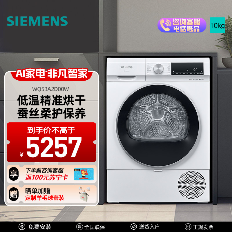 西门子WQ53A2D00W变频排气烘干机10千克左开门灰四口家庭超静音3.5寸显示屏