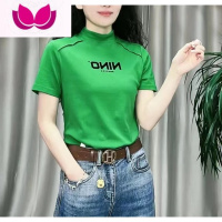 七斓2023夏新款短袖t恤女士短款上衣半高领修身显瘦减龄漂亮洋气