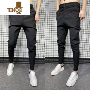 YANXU网红裤子男夏季休闲长裤韩版潮西裤修身黑色束脚裤精小伙小脚裤