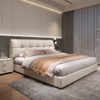 法式奶油风真皮床轻奢现代简约双人床主卧室实木储物床软包大婚床