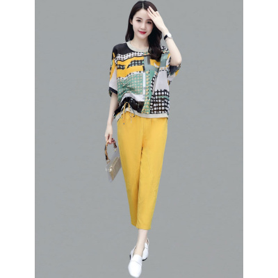 班俏BANQIAO印花大码女士套装女2021年夏季新款休闲时尚洋气宽松大码小个子两件套