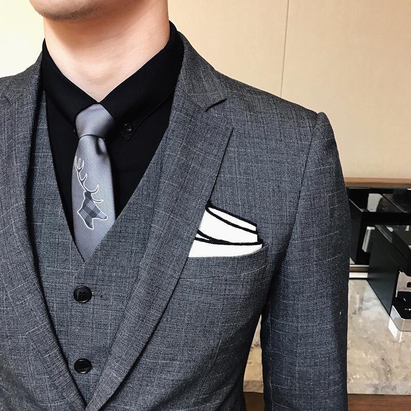 秋冬新款男士西服套装伦韩版发型师格纹西装三件套新郎结婚礼服潮