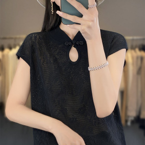 复古镂空提花薄款短袖T恤女夏季新款中国风盘扣旗袍领短袖女