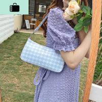 2020春夏新款复古格子包单肩斜挎包法式腋下包女百搭白蓝法棍包潮NEW LAKE 浅蓝白格女士单肩包