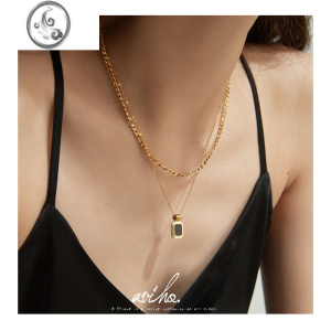 JiMi设计感双层叠戴黑色滴胶项链轻奢小众ins风钛钢毛衣链不掉色 金色