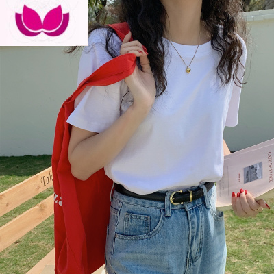 七斓自留简约气质正肩圆领白色T恤2023款合身显瘦短款打底上衣女