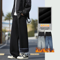 冬季新款加绒加厚美式高街牛仔裤男年轻朝气宽松直筒松紧裤男生潮