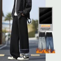 冬季新款加绒加厚美式高街牛仔裤男年轻朝气宽松直筒松紧裤男生潮