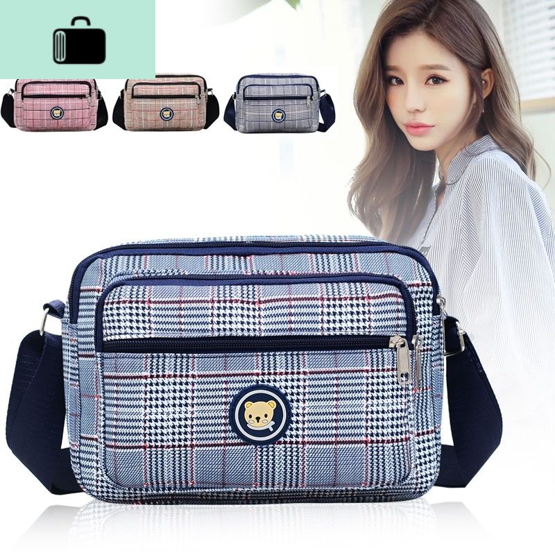 新款时尚格子帆布单肩女包斜挎零钱背包妈咪布包生意多拉链背包包NEW LAKE女手包