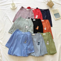 韩国新款动物刺绣圆领衣服女夏宽松学生短袖T恤女休闲上衣