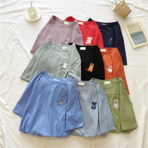 韩国新款动物刺绣圆领衣服女夏宽松学生短袖T恤女休闲上衣