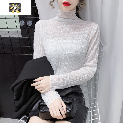 暖青汇亮闪闪高领蕾丝打底衫女内搭小衫长袖秋冬百搭修身堆堆领网纱上衣蕾丝衫