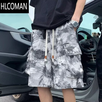 HLCOMAN水墨画扎染工装短裤男夏季口袋设计潮牌宽松休闲五分裤学生沙滩裤