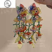 JiMi夸张花丛 耳环2023年新款重工亚克力串珠耳夹编织长款流苏耳饰女