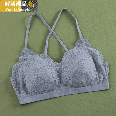 YUNWUXIN蕾丝内衣女无钢圈美背交叉抹胸吊带背心大胸显小聚拢文胸薄款无痕抹胸