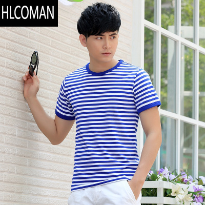 HLCOMAN夏季海魂衫男短袖t恤定制 水手服半袖演出服蓝白条纹情侣装