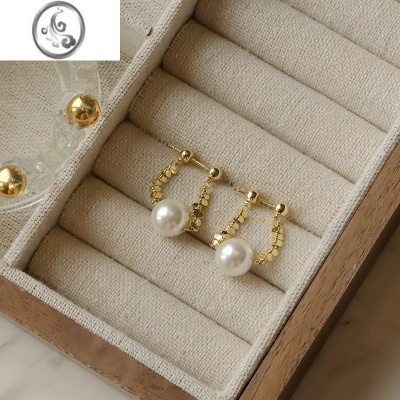 JiMi碎银珍珠链条耳环2023新款小众设计高级感ins风后挂式耳钉女