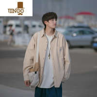YANXU杏色长袖衬衫男简约潮牌古着宽松衬衣日系休闲工装外套上衣