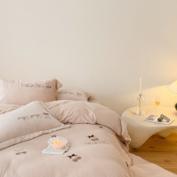 奶油风小清新牛奶绒四件套樱桃刺绣被套青少年秋冬床品无静电