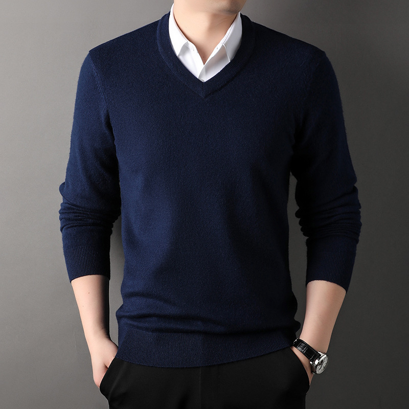 羊毛衫男冬季新款鸡心V领毛衣男套头加厚可机洗针织衫男打底_07438