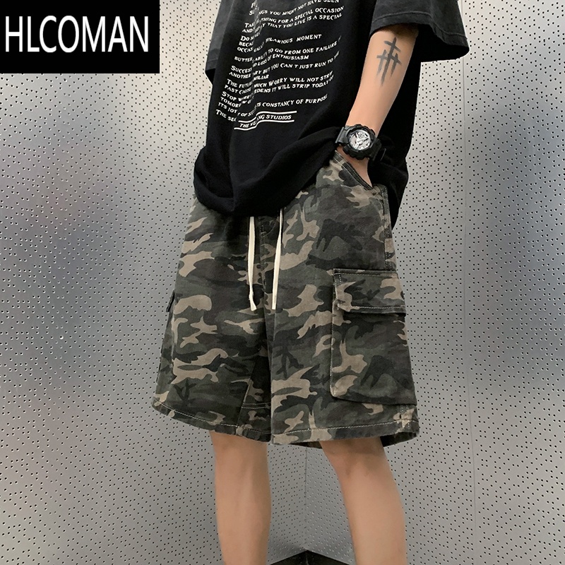 HLCOMAN迷彩工装短裤男ins潮牌痞帅休闲中裤高街宽松阔腿五分裤