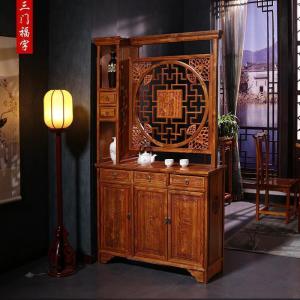 森美人新中式玄关柜双面花榆木客厅隔断柜实木鞋柜厅屏风柜酒柜