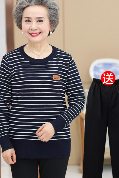 迪鲁奥(DILUAO)老奶奶针织衫低圆领条纹打底衫中老年人女毛衣妈妈装太太老人上衣服新款女装