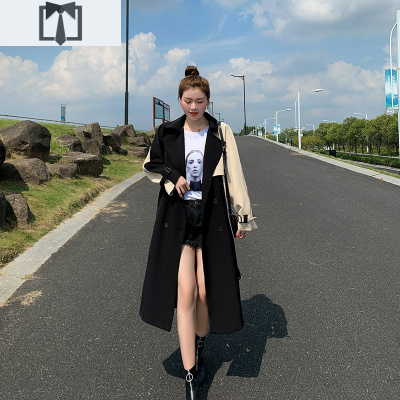 SUNTEK拼接风衣女中长款小个子2020年新款春秋季撞色英伦风衣外套女大衣风衣