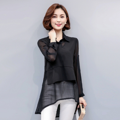 恋名媛雪纺时尚中长款假两件大码长袖衬衫春秋妈妈韩版遮肚子打底上衣服大码女装