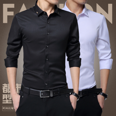 FNLNDO男士衬衫春季新款长袖衬衫韩版修身商务休闲纯色免烫衬衣