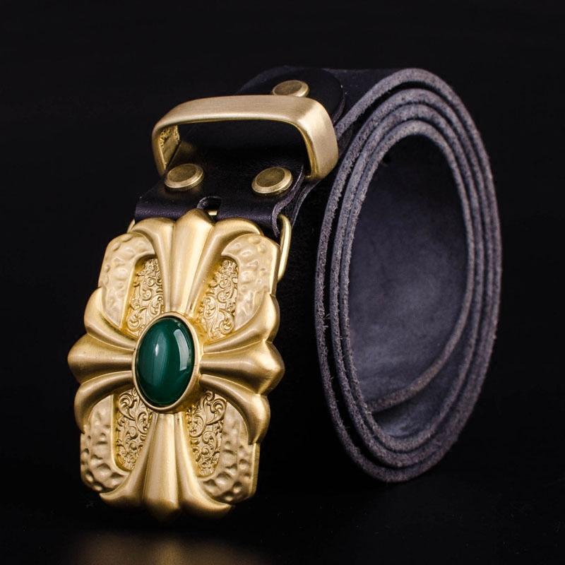 个性纯铜玉石裤带送长辈休闲中年裤腰带男士皮带真皮头层牛皮腰带