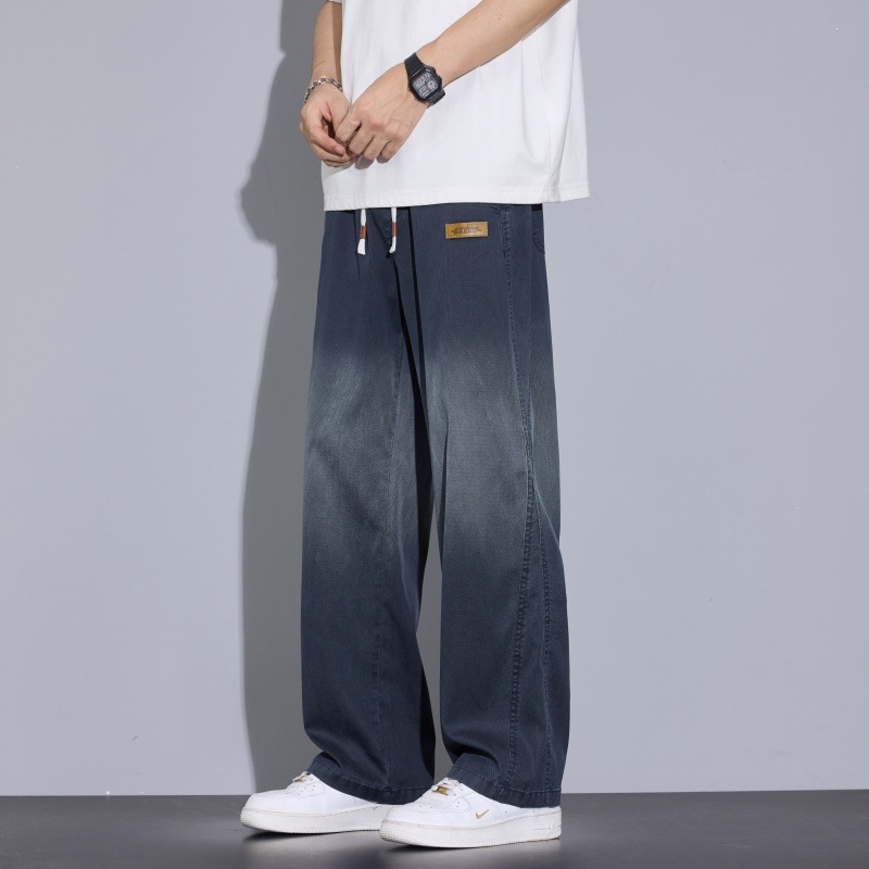 美式复古渐变牛仔裤男直筒宽松阔腿裤抽绳腰头青年潮牌休闲男长裤