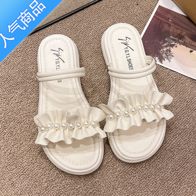 SUNTEK两穿露趾凉鞋女2023年新款夏季百搭网红仙女风小众平底珍珠凉拖鞋