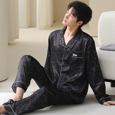 男士睡衣冰雪丝秋季长袖长裤翻领开衫可外穿家居服套装薄款凉感_1
