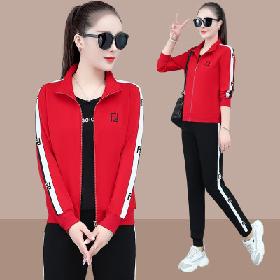 高端卫衣女运动装2020春秋季新款时尚立领三件套跑步运动服女韩版大码宽松运动套装女卫衣套装