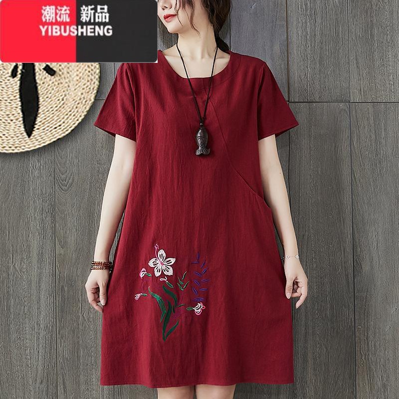 YIBUSHENG2022季新款棉麻宽松大码女装装遮肚短袖显瘦中长款绣花连衣裙
