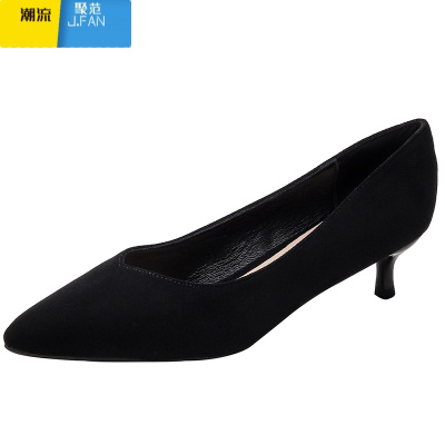 聚范绒面黑色高跟鞋女细跟单鞋小跟3公分尖头舒适5面试7cm工作鞋