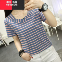 YIBUSHENG胖mm大码宽松显瘦短袖t恤女装200斤藏肉装遮肚子条纹上衣服