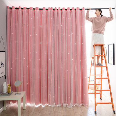 帘隔断免打孔可爱少女伸缩杆CIAA布艺卧室家用布贴纱镂空粉色帘宽2.0*1.5米高单开『送旋转杆长0.7-1.2米』