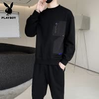 花花公子大码运动服套装男士秋季潮流黑色休闲卫衣搭配帅气男一套