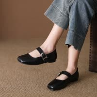 头层牛皮单鞋女2026春季新款圆头平底复古英伦风卡扣小皮鞋乐福鞋