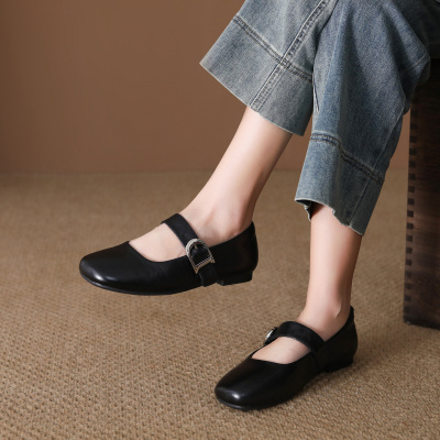 头层牛皮单鞋女2026春季新款圆头平底复古英伦风卡扣小皮鞋乐福鞋