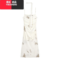 YIBUSHENG紫色晕染荡领吊带连衣裙女季性感纯欲长裙子褶皱收腰开叉包臀裙