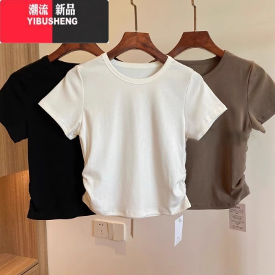 YIBUSHENG正肩短袖t恤女装2024季新款设计感小众欧货短款上衣服内搭
