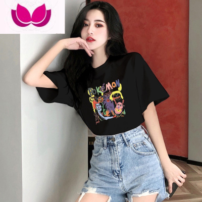 七斓黑色涂鸦印花t恤女圆领短袖2023夏季新款小个子宽松洋气上衣